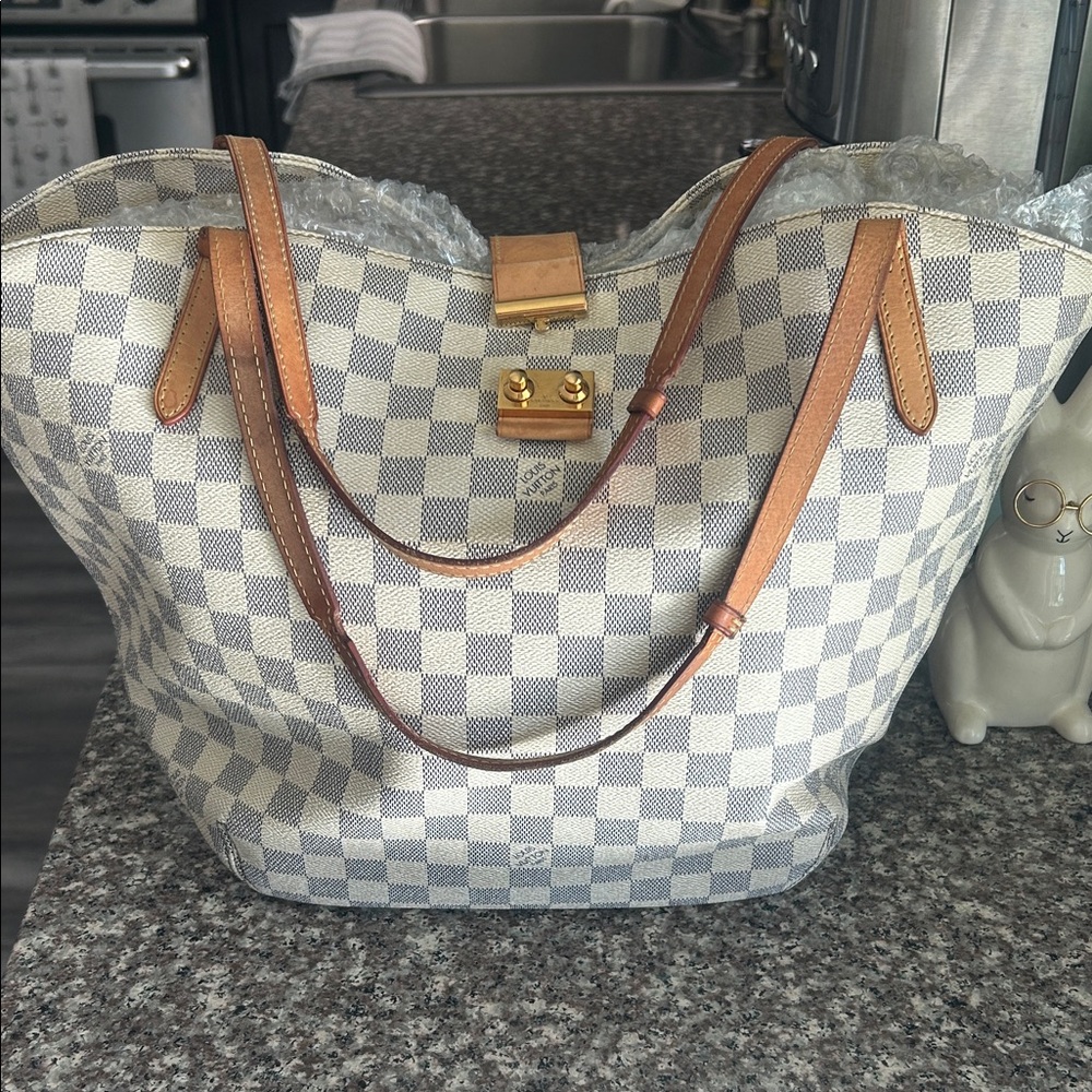 Louis Vuitton GM Checkered Tote Bag with Tan Accents